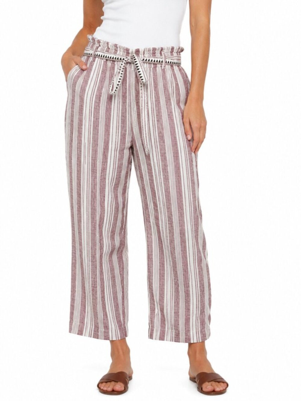 H&M x LEMLEM 100% Linen 28" Paperbag Pants Red White Stripe XL Belt Beach Travel - Picture 1 of 14